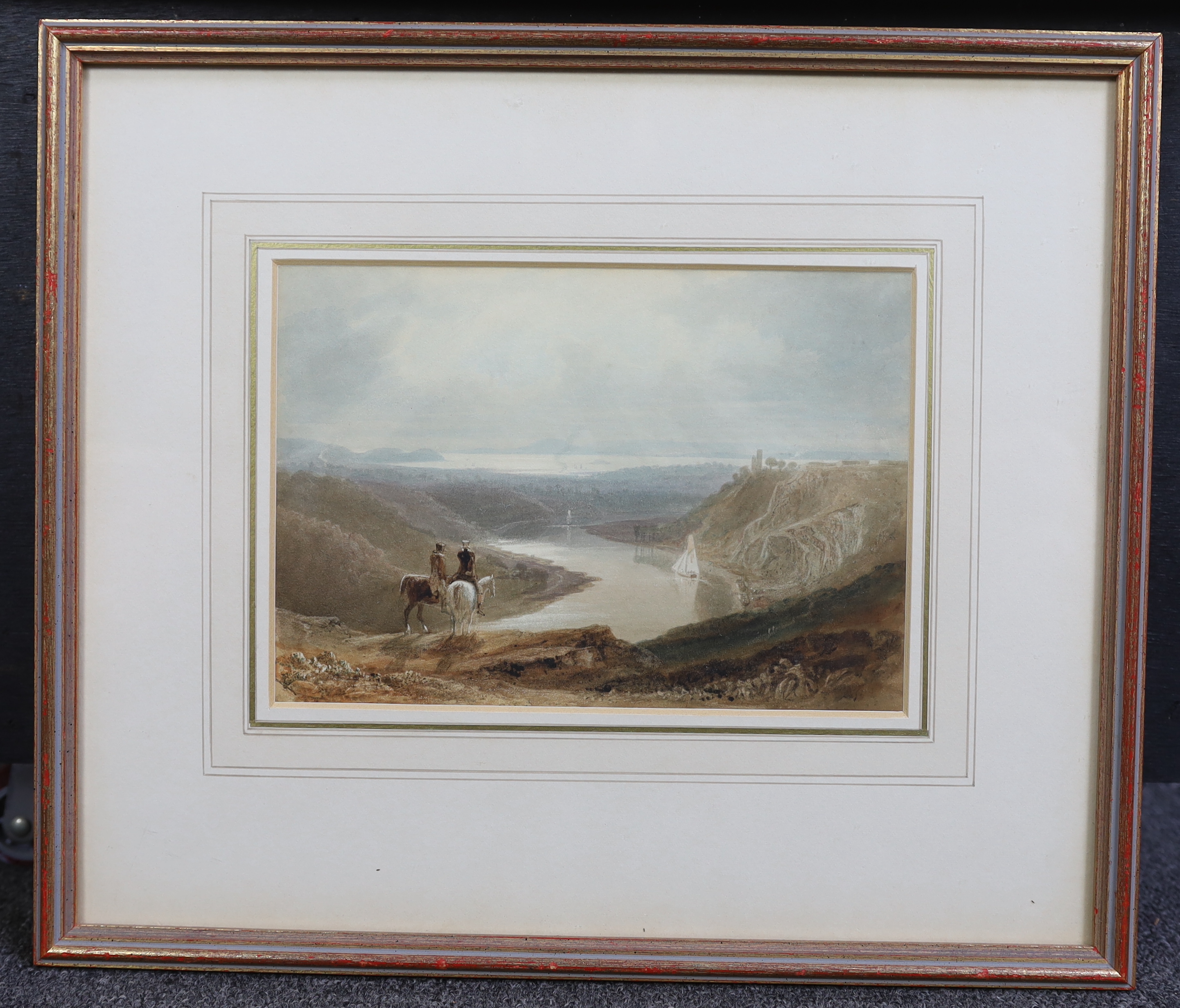 Samuel Jackson (British, 1830-1904), Horsemen surveying Clifton Gorge, Cook’s Folly & the Severn Estuary, watercolour, 13.5 x 16.5cm